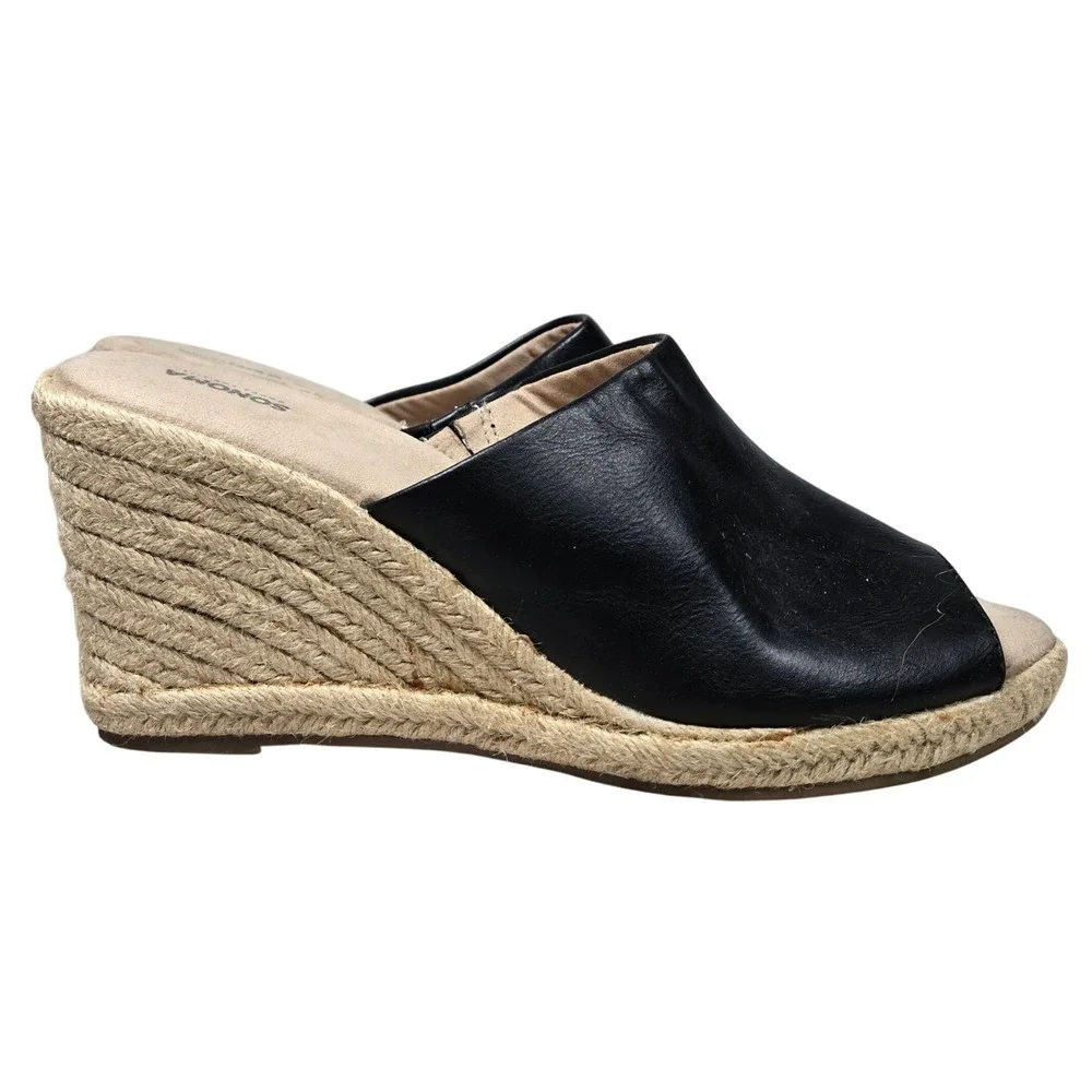 SONOMA Womens Black Espadrille Wedge Mules Sandals Size 9.5 Slip On‎ Peep Toe